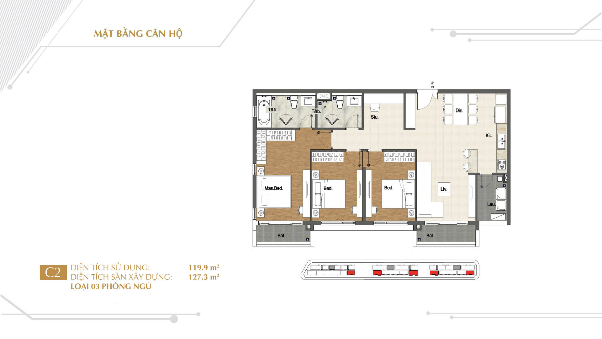 layout căn hộ Sarina 3pn